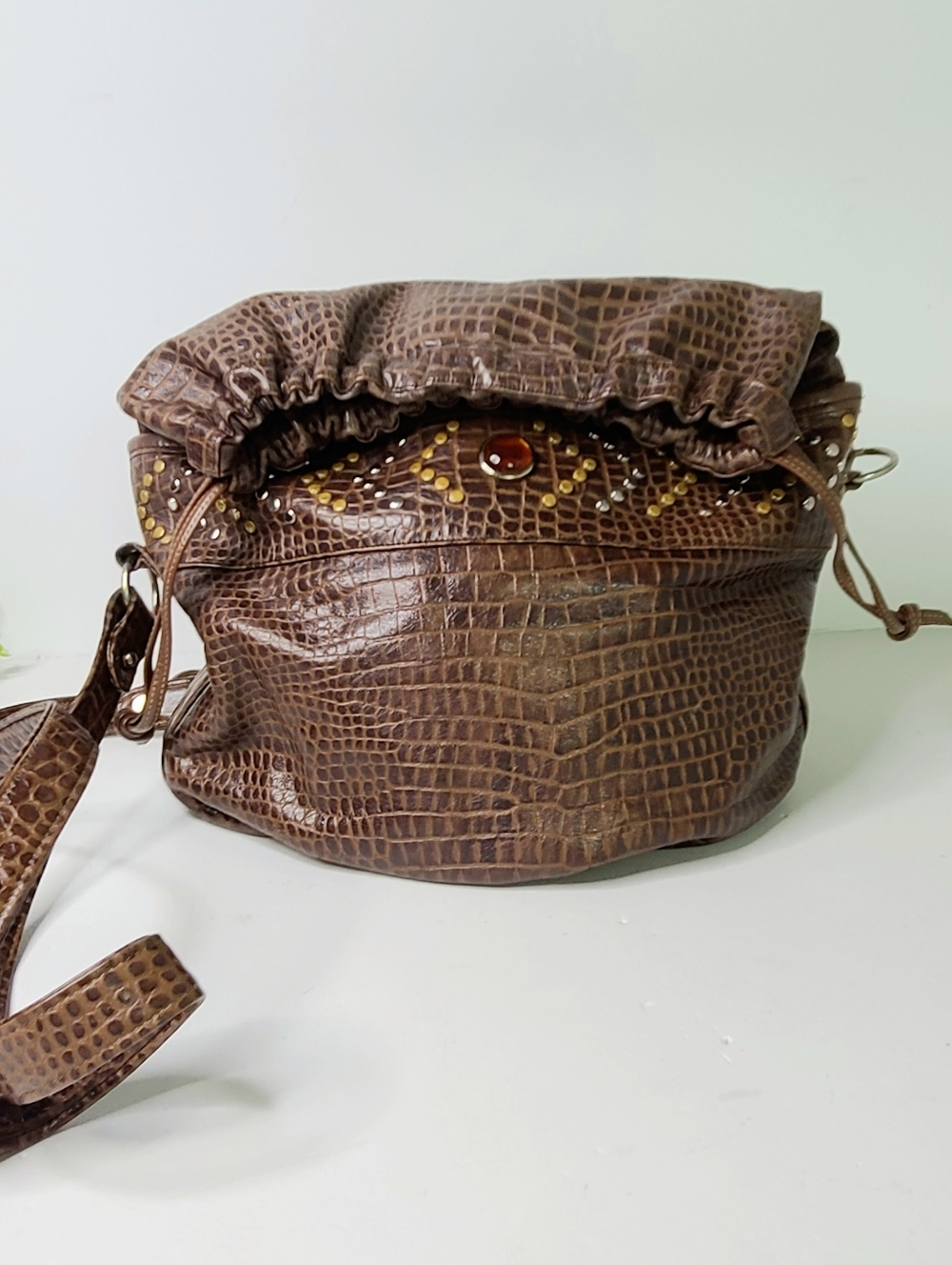 Sharif Made in USA Studded Fold Over Drawstring Vintage Leather Bucket Bag